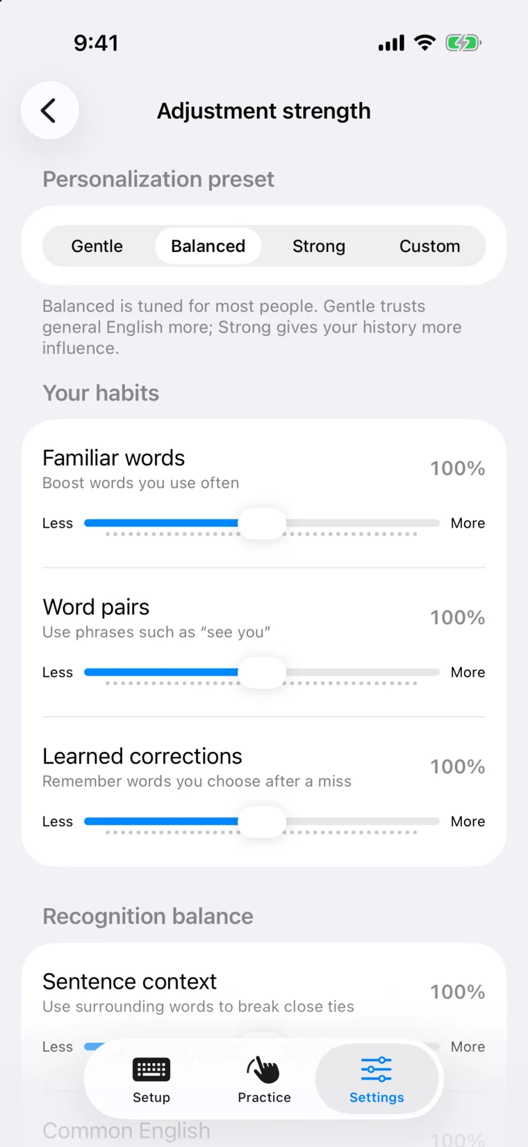 SwishKey Adjustment strength screen with Gentle, Balanced, Strong, and Custom presets and sliders for familiar words, word pairs, learned corrections, and sentence context