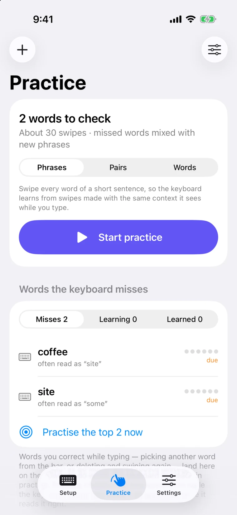 SwishKey Practice with 2 words to check and a deck of words the keyboard misses