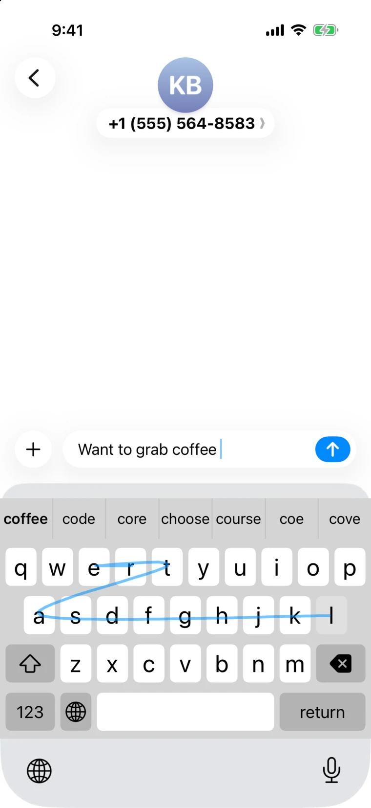 SwishKey in Messages: after typing Want to grab coffee, a blue trail runs through l, a, t, e, and r as the next word is swiped